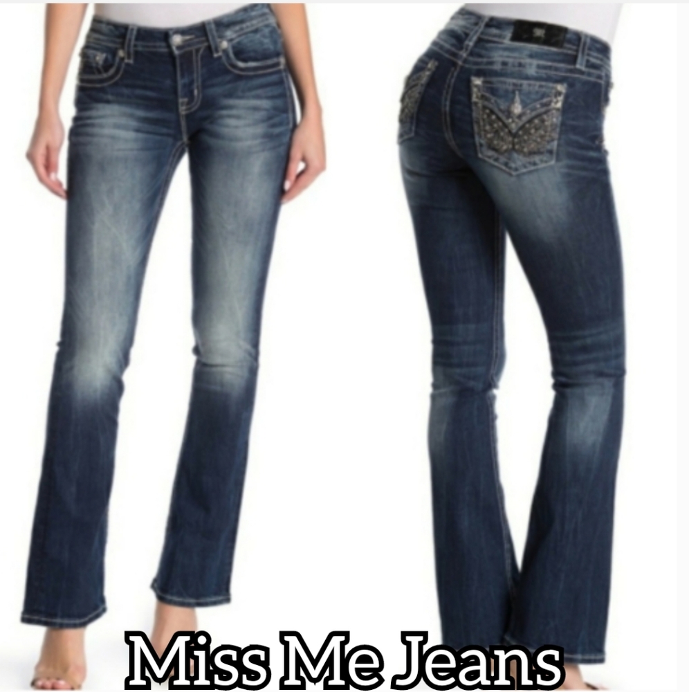 Miss Me Standard Boot Cut Designer Rhinestone Denim Blue Jeans - Long Length - Picture 3 of 9